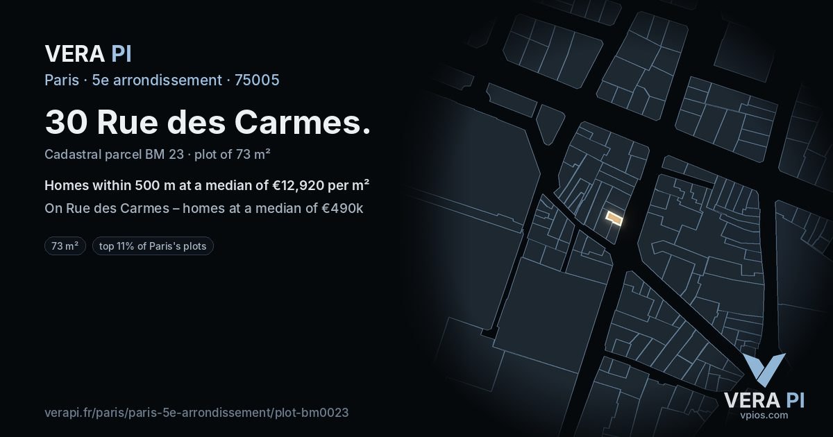30 Rue des Carmes, 5e arrondissement at night – the plot lit, the parcels around coloured by the prices near them
