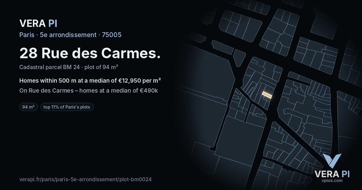 28 Rue des Carmes, 5e arrondissement at night – the plot lit, the parcels around coloured by the prices near them