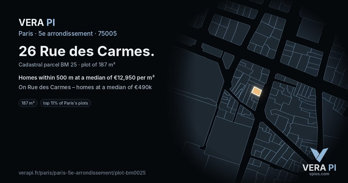 26 Rue des Carmes, 5e arrondissement at night – the plot lit, the parcels around coloured by the prices near them