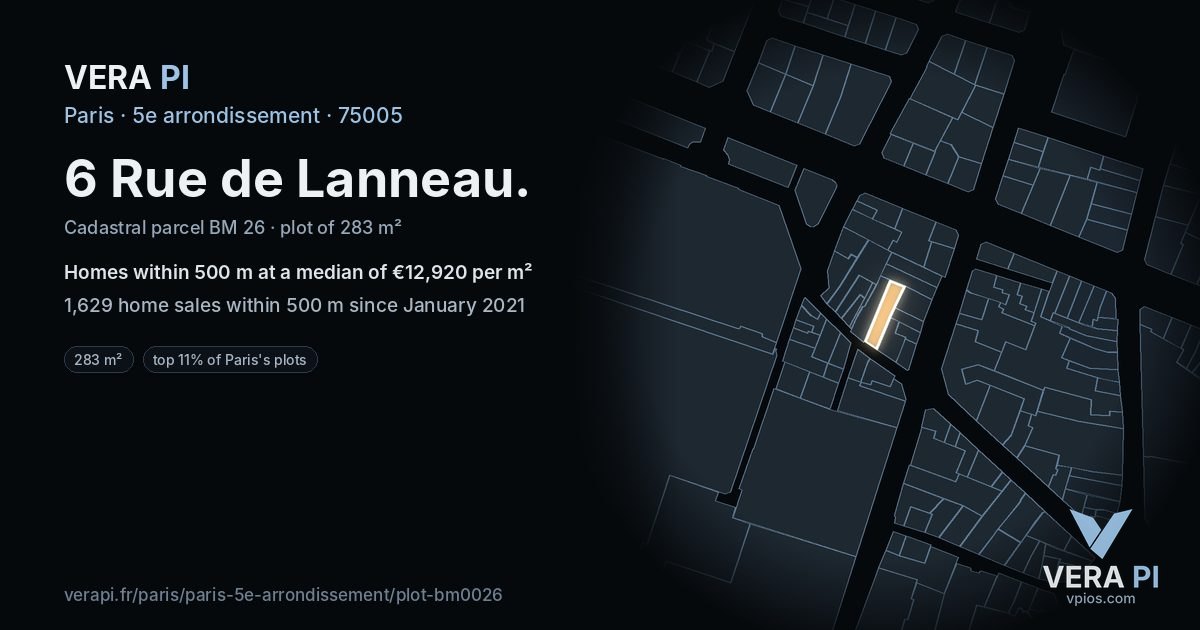 6 Rue de Lanneau, 5e arrondissement at night – the plot lit, the parcels around coloured by the prices near them