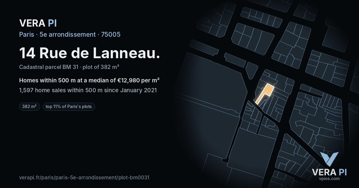 14 Rue de Lanneau, 5e arrondissement at night – the plot lit, the parcels around coloured by the prices near them