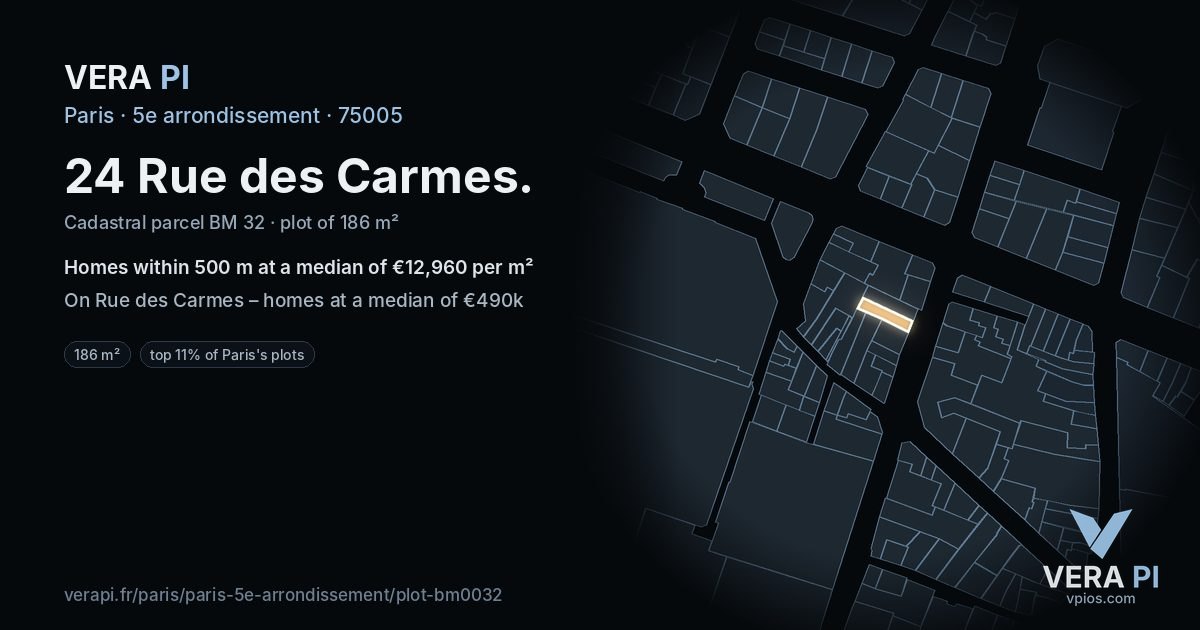 24 Rue des Carmes, 5e arrondissement at night – the plot lit, the parcels around coloured by the prices near them