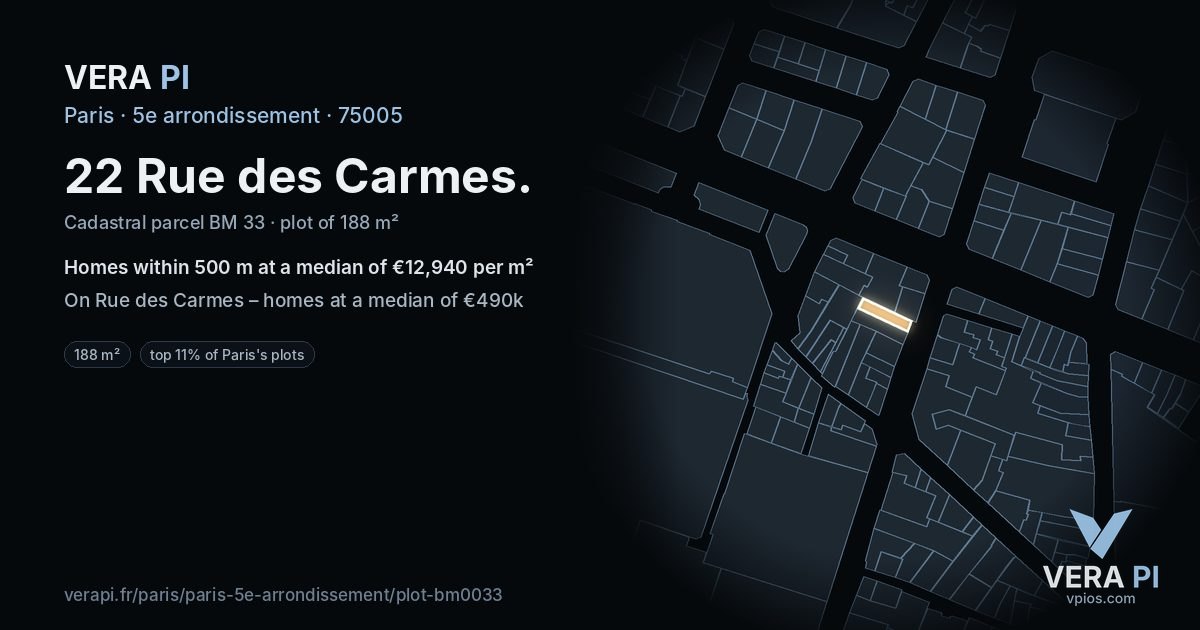 22 Rue des Carmes, 5e arrondissement at night – the plot lit, the parcels around coloured by the prices near them