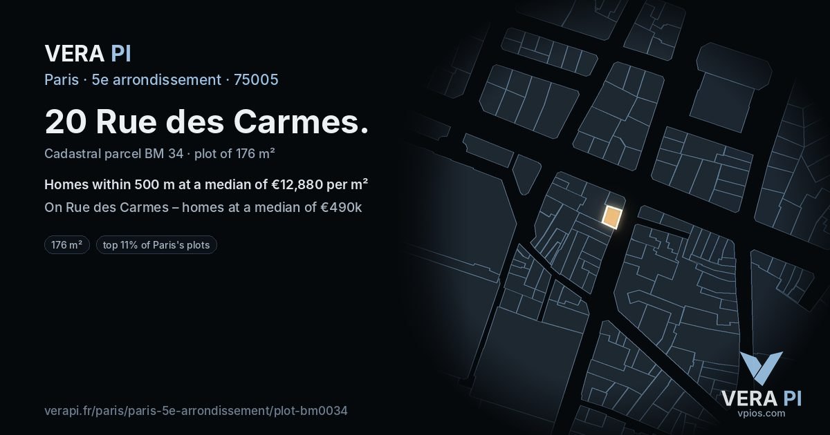 20 Rue des Carmes, 5e arrondissement at night – the plot lit, the parcels around coloured by the prices near them
