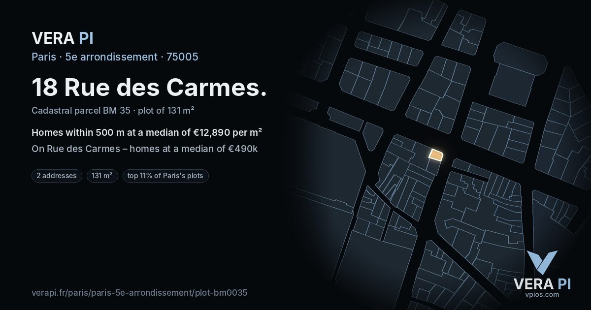 18 Rue des Carmes, 5e arrondissement at night – the plot lit, the parcels around coloured by the prices near them