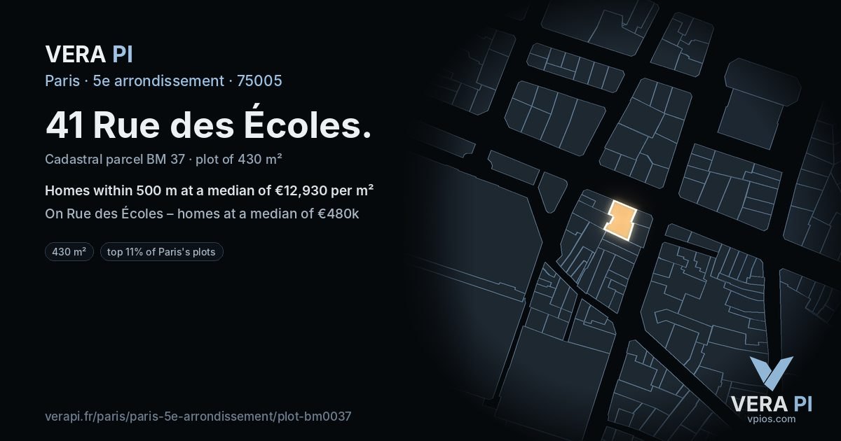 41 Rue des Écoles, 5e arrondissement at night – the plot lit, the parcels around coloured by the prices near them