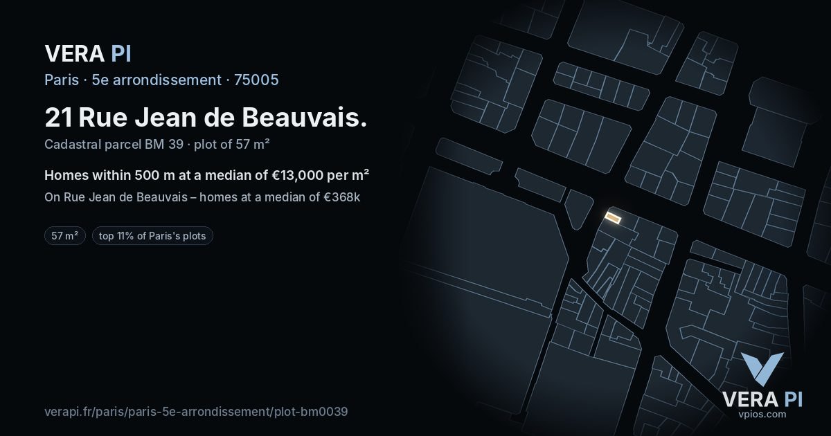 21 Rue Jean de Beauvais, 5e arrondissement at night – the plot lit, the parcels around coloured by the prices near them