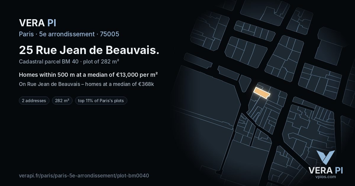 25 Rue Jean de Beauvais, 5e arrondissement at night – the plot lit, the parcels around coloured by the prices near them