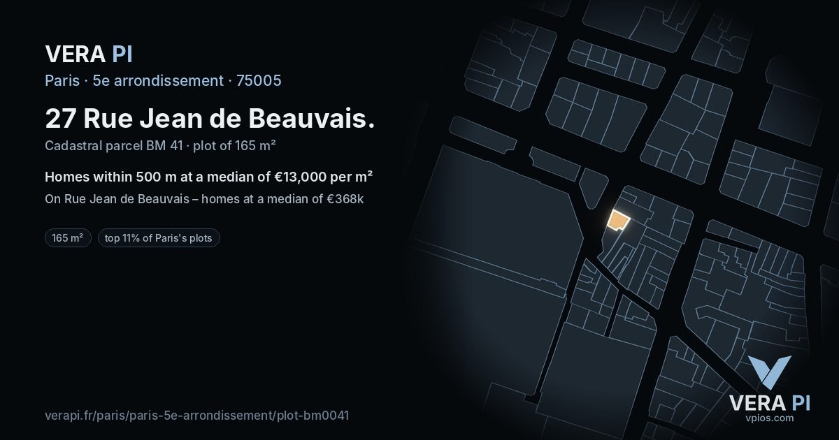 27 Rue Jean de Beauvais, 5e arrondissement at night – the plot lit, the parcels around coloured by the prices near them