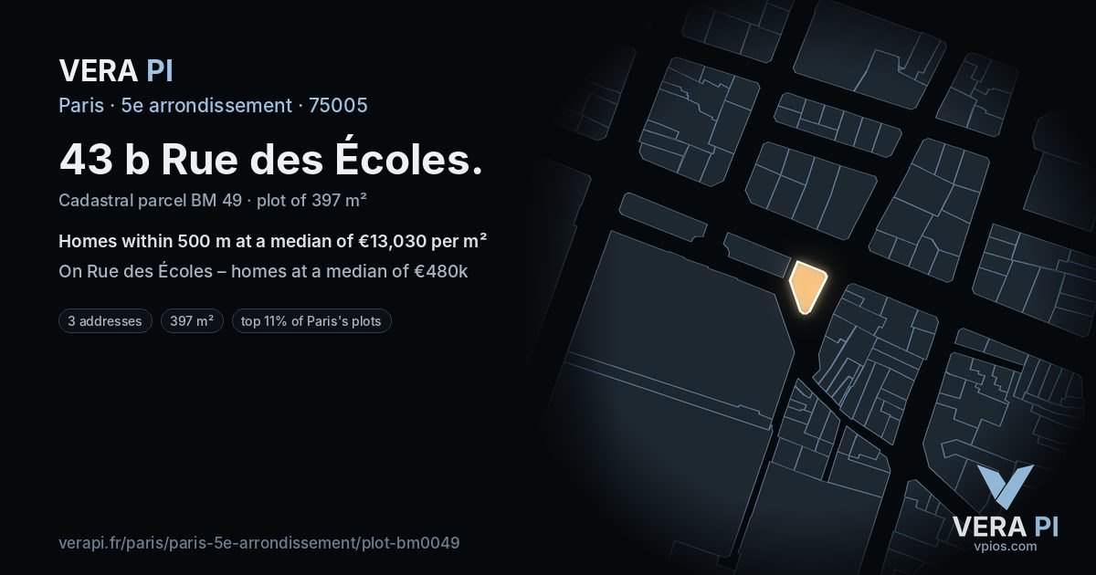 43 b Rue des Écoles, 5e arrondissement at night – the plot lit, the parcels around coloured by the prices near them