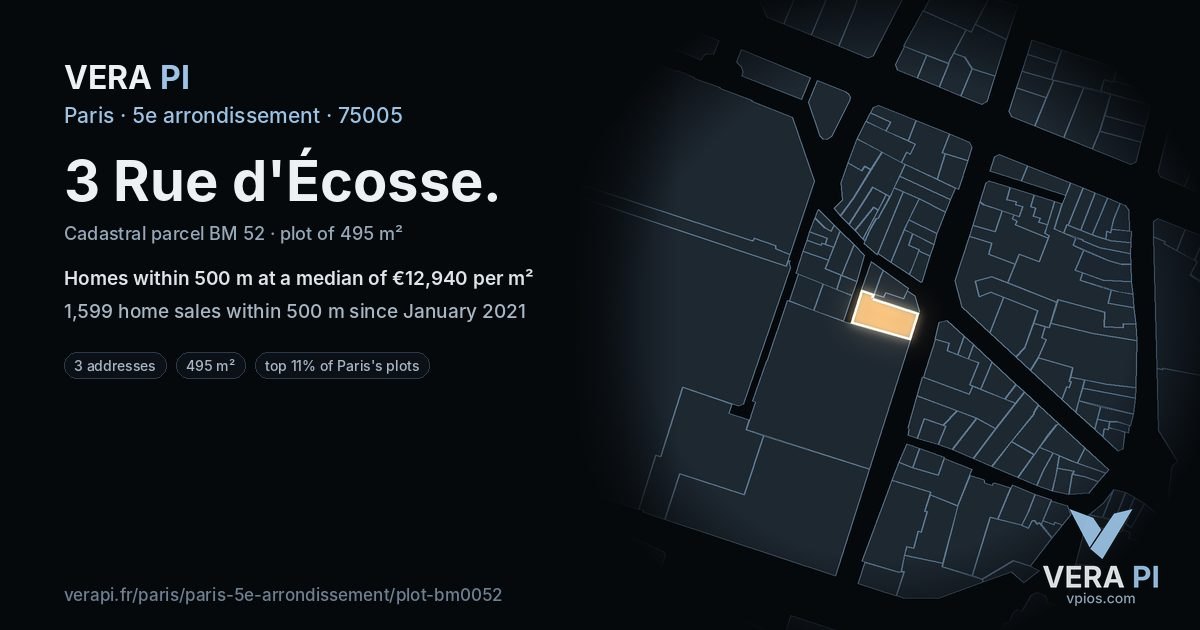 3 Rue d'Écosse, 5e arrondissement at night – the plot lit, the parcels around coloured by the prices near them
