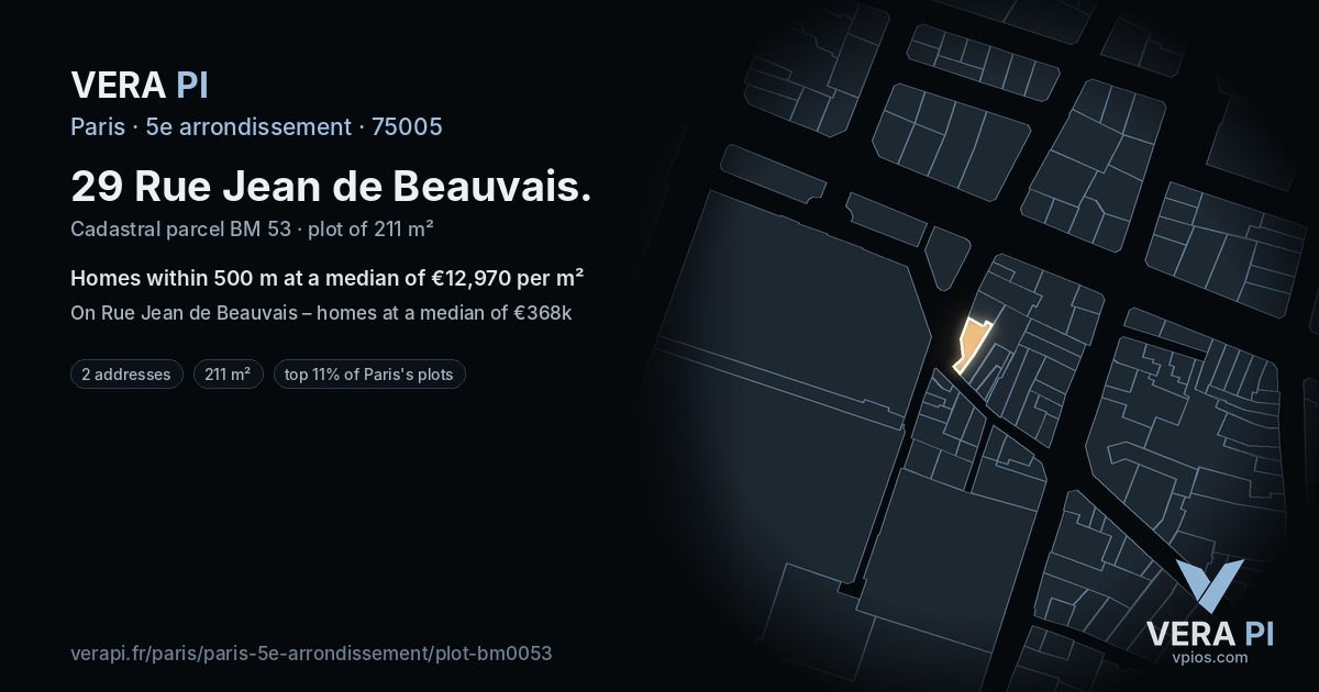 29 Rue Jean de Beauvais, 5e arrondissement at night – the plot lit, the parcels around coloured by the prices near them