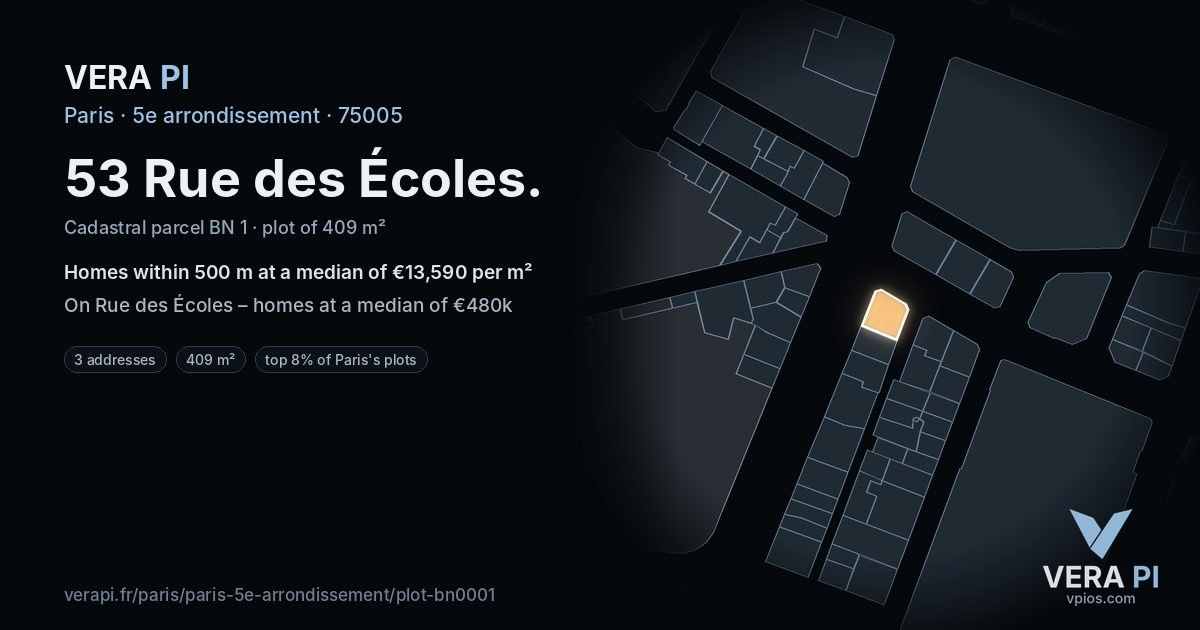 53 Rue des Écoles, 5e arrondissement at night – the plot lit, the parcels around coloured by the prices near them