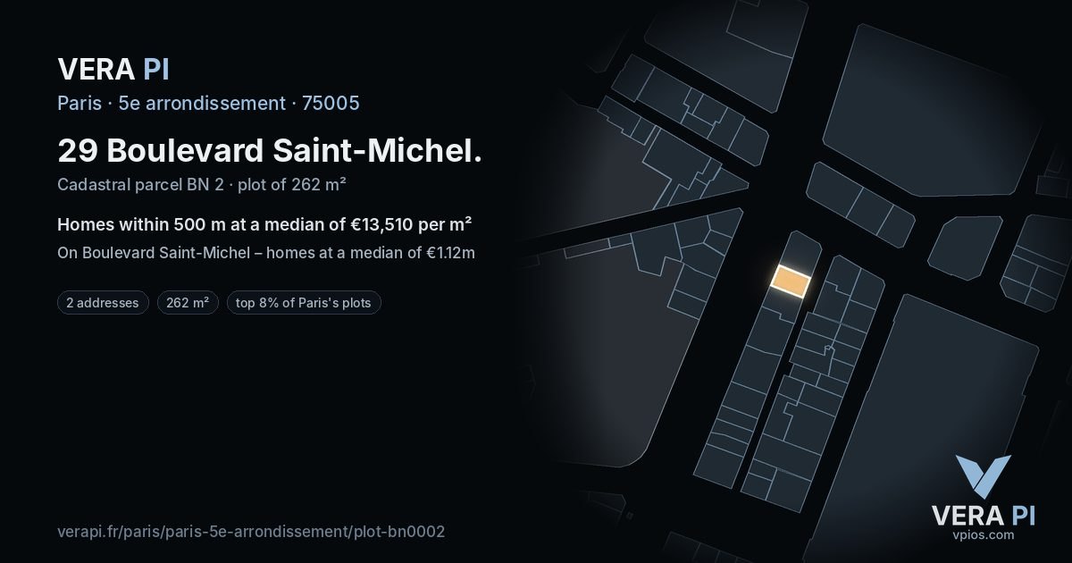 29 Boulevard Saint-Michel, 5e arrondissement at night – the plot lit, the parcels around coloured by the prices near them