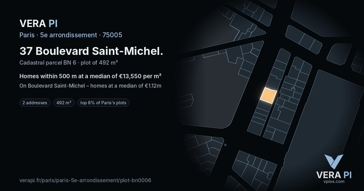 37 Boulevard Saint-Michel, 5e arrondissement at night – the plot lit, the parcels around coloured by the prices near them