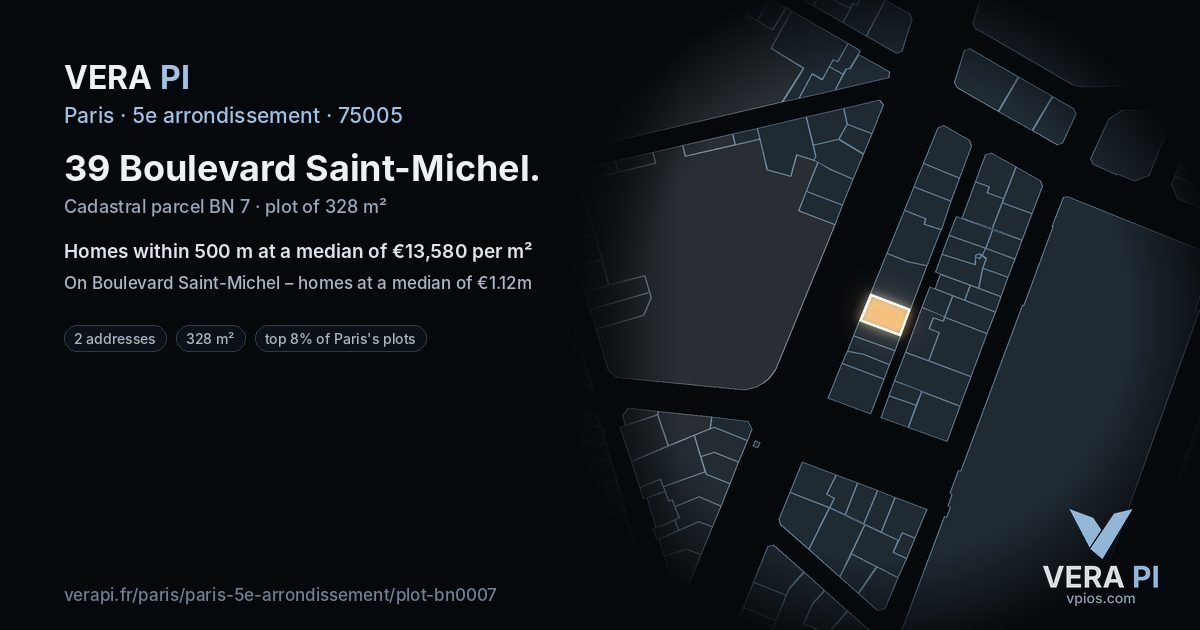 39 Boulevard Saint-Michel, 5e arrondissement at night – the plot lit, the parcels around coloured by the prices near them