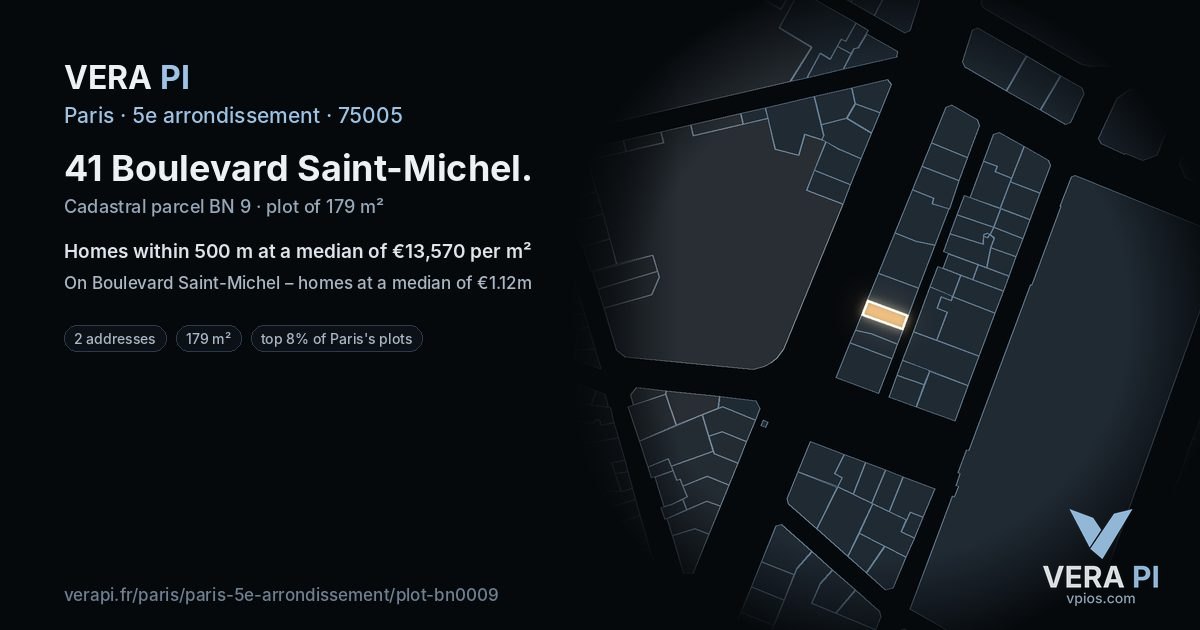41 Boulevard Saint-Michel, 5e arrondissement at night – the plot lit, the parcels around coloured by the prices near them