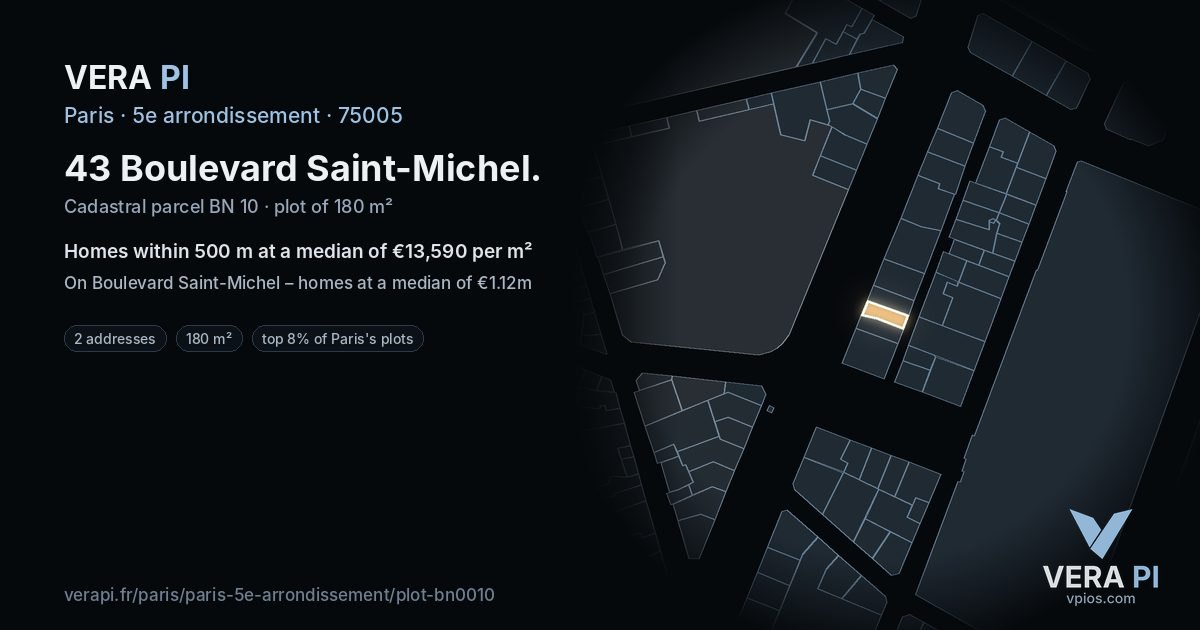 43 Boulevard Saint-Michel, 5e arrondissement at night – the plot lit, the parcels around coloured by the prices near them