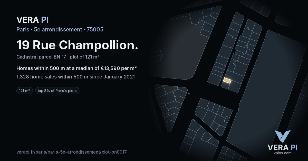 19 Rue Champollion, 5e arrondissement at night – the plot lit, the parcels around coloured by the prices near them