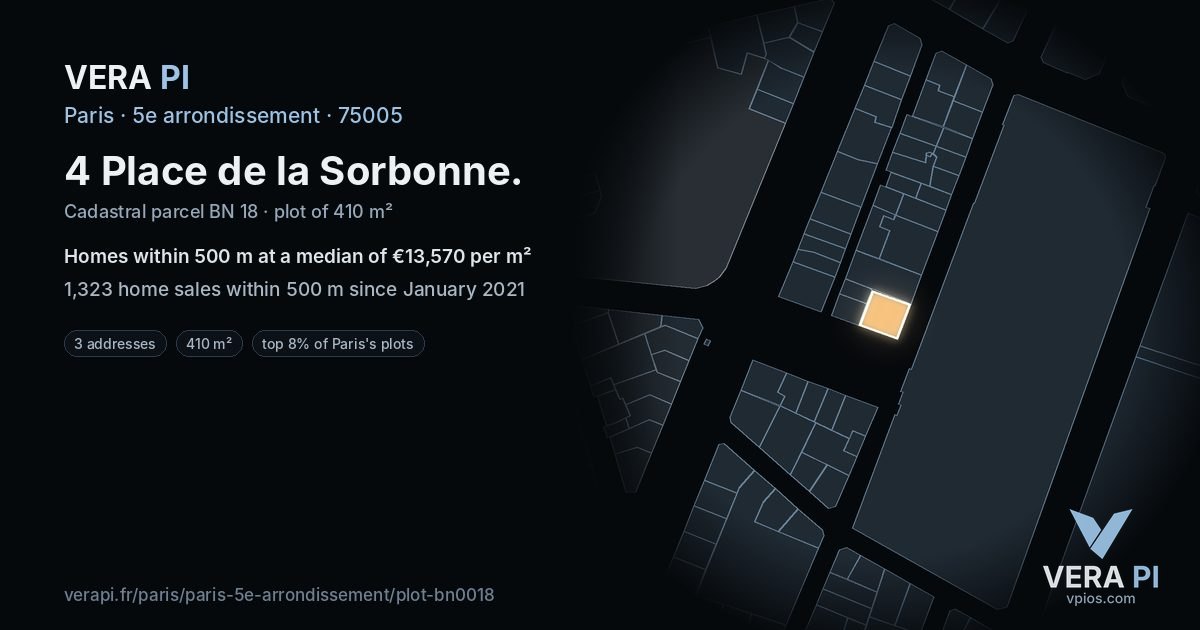 4 Place de la Sorbonne, 5e arrondissement at night – the plot lit, the parcels around coloured by the prices near them