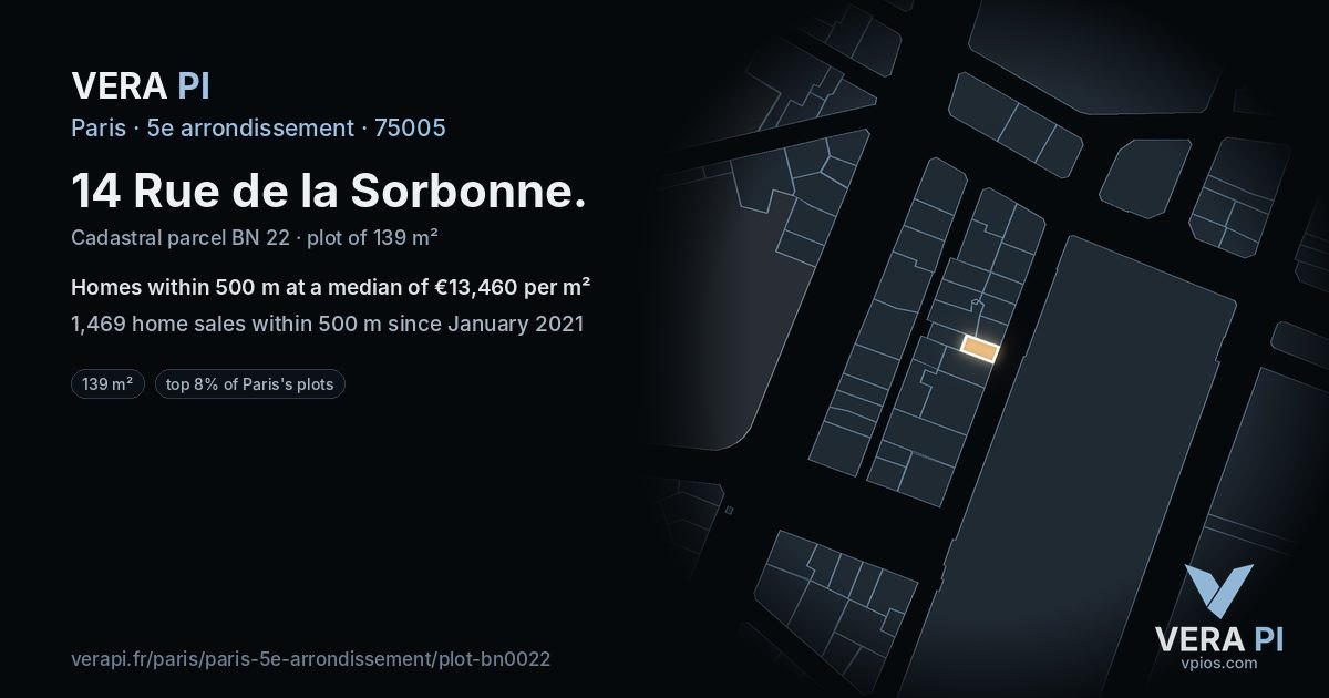 14 Rue de la Sorbonne, 5e arrondissement at night – the plot lit, the parcels around coloured by the prices near them
