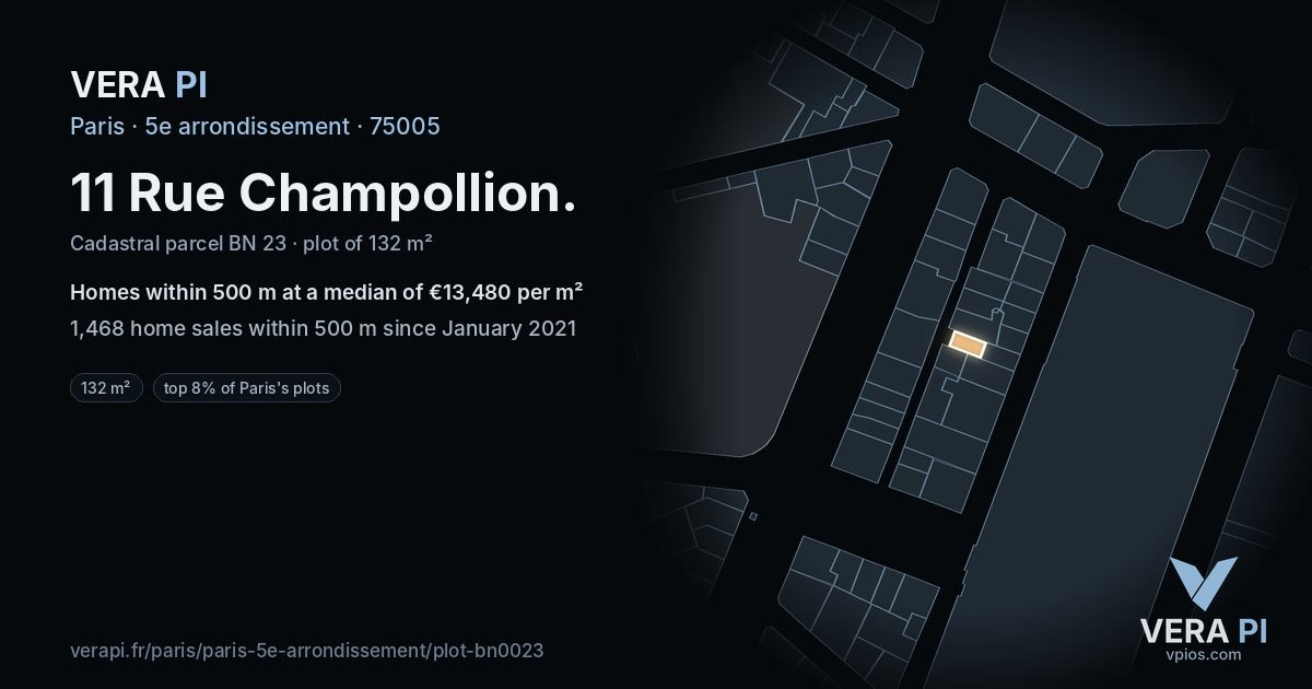 11 Rue Champollion, 5e arrondissement at night – the plot lit, the parcels around coloured by the prices near them