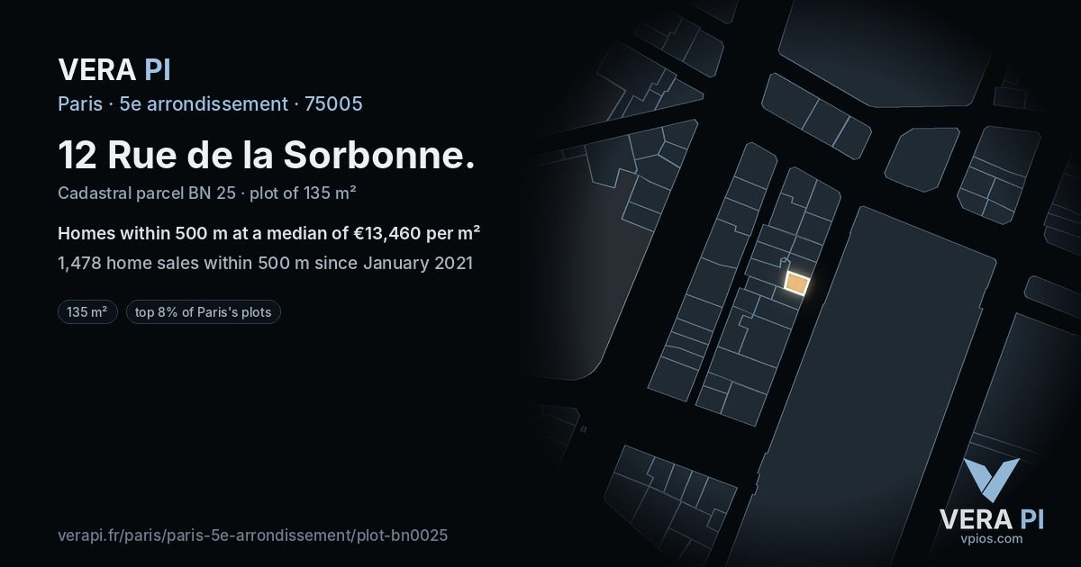 12 Rue de la Sorbonne, 5e arrondissement at night – the plot lit, the parcels around coloured by the prices near them