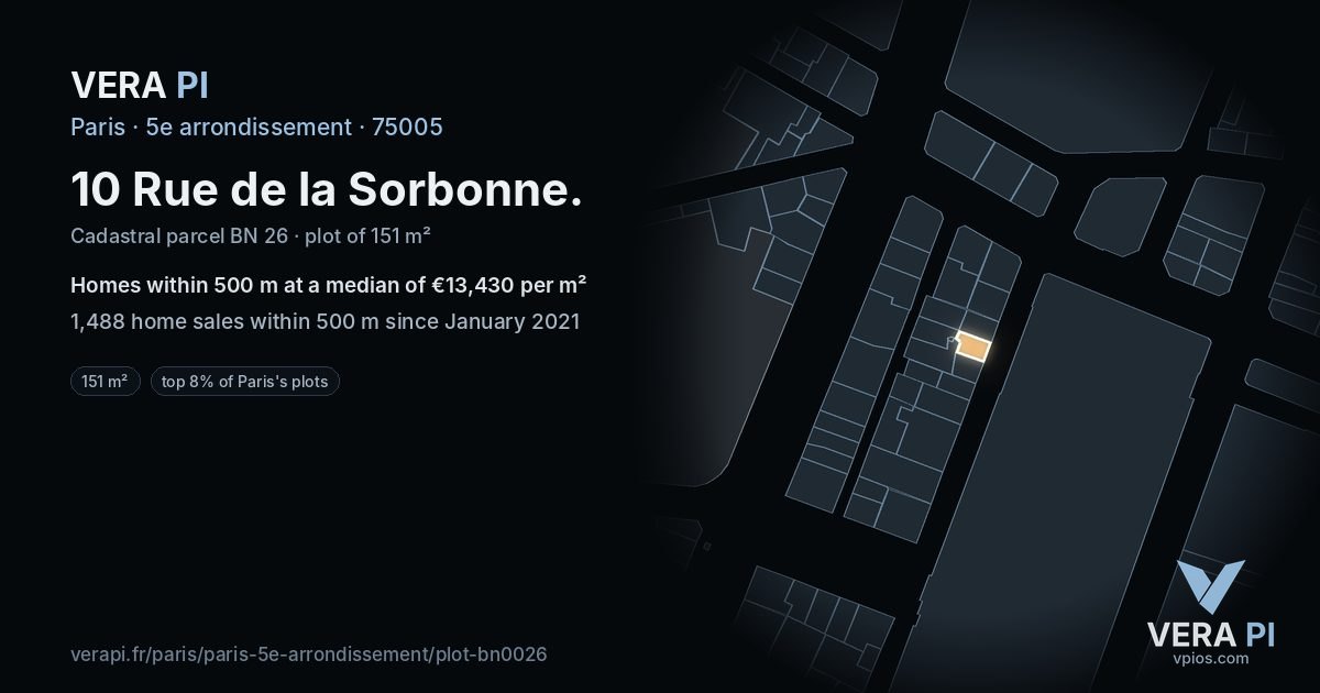 10 Rue de la Sorbonne, 5e arrondissement at night – the plot lit, the parcels around coloured by the prices near them