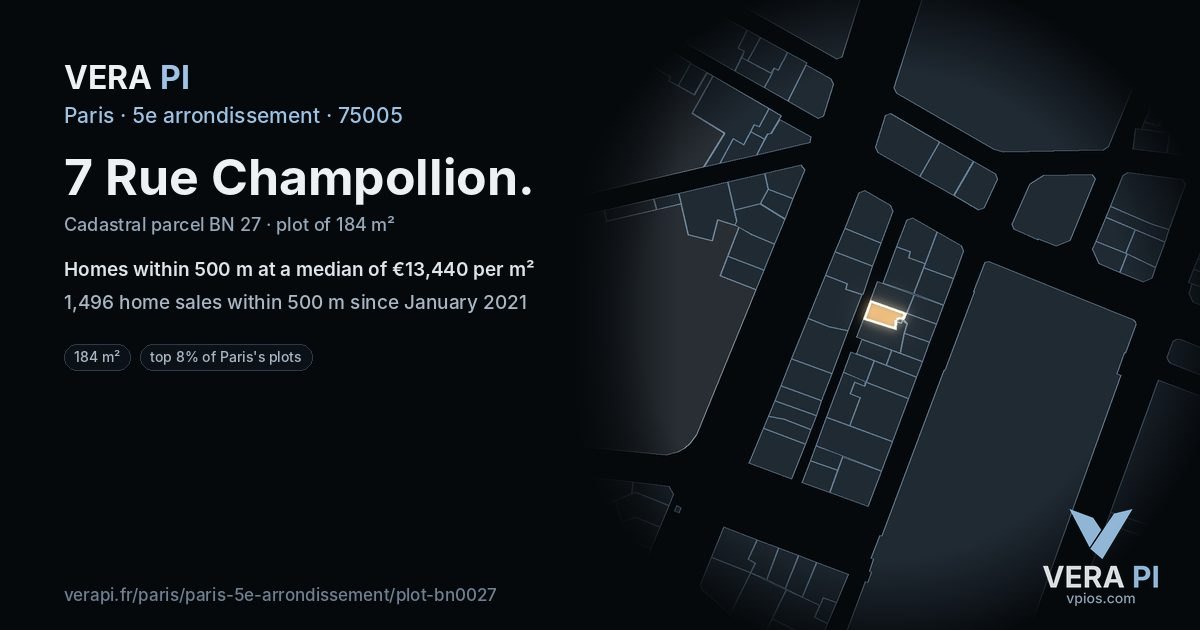 7 Rue Champollion, 5e arrondissement at night – the plot lit, the parcels around coloured by the prices near them