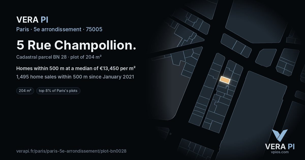 5 Rue Champollion, 5e arrondissement at night – the plot lit, the parcels around coloured by the prices near them