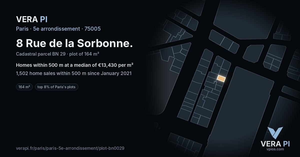 8 Rue de la Sorbonne, 5e arrondissement at night – the plot lit, the parcels around coloured by the prices near them