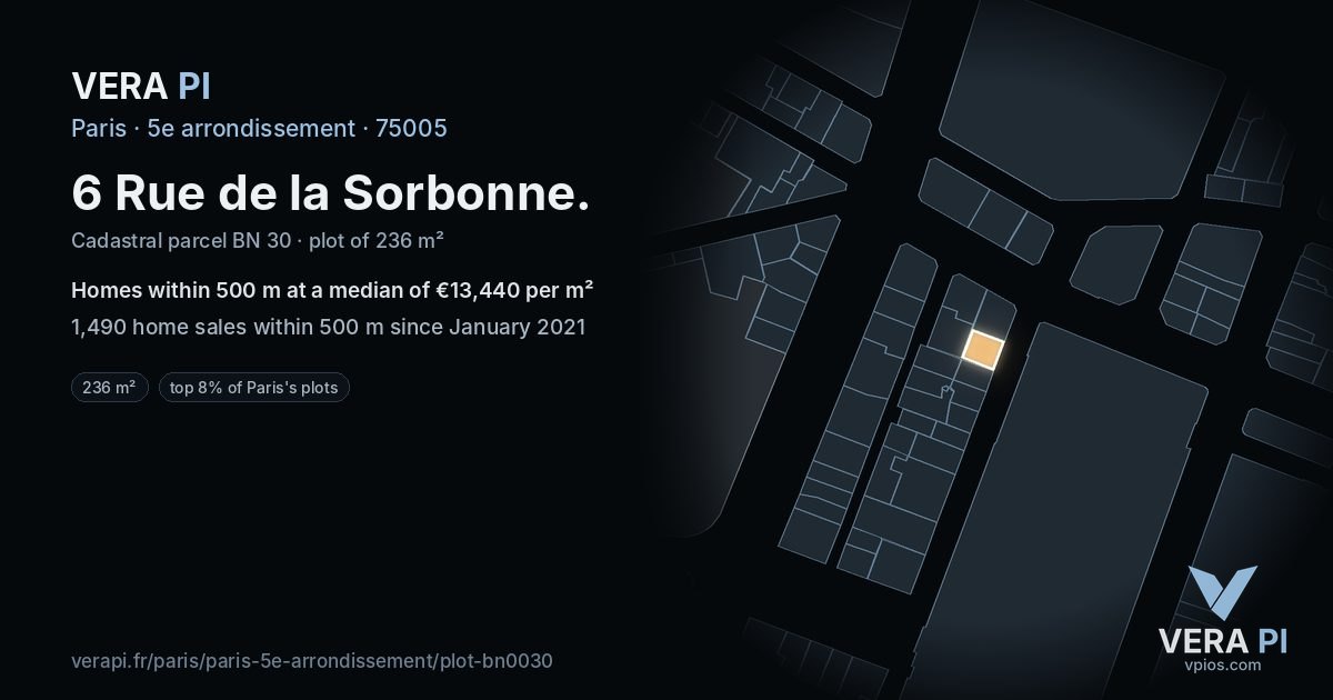 6 Rue de la Sorbonne, 5e arrondissement at night – the plot lit, the parcels around coloured by the prices near them