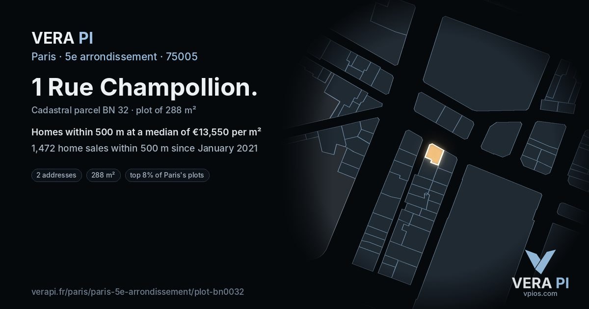 1 Rue Champollion, 5e arrondissement at night – the plot lit, the parcels around coloured by the prices near them