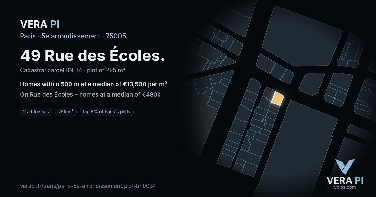49 Rue des Écoles, 5e arrondissement at night – the plot lit, the parcels around coloured by the prices near them