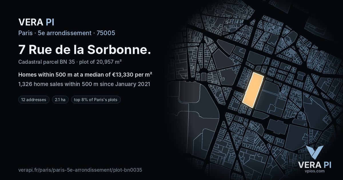 7 Rue de la Sorbonne, 5e arrondissement at night – the plot lit, the parcels around coloured by the prices near them