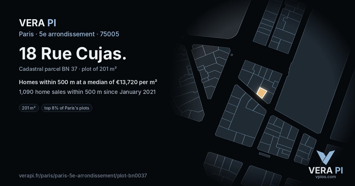 18 Rue Cujas, 5e arrondissement at night – the plot lit, the parcels around coloured by the prices near them