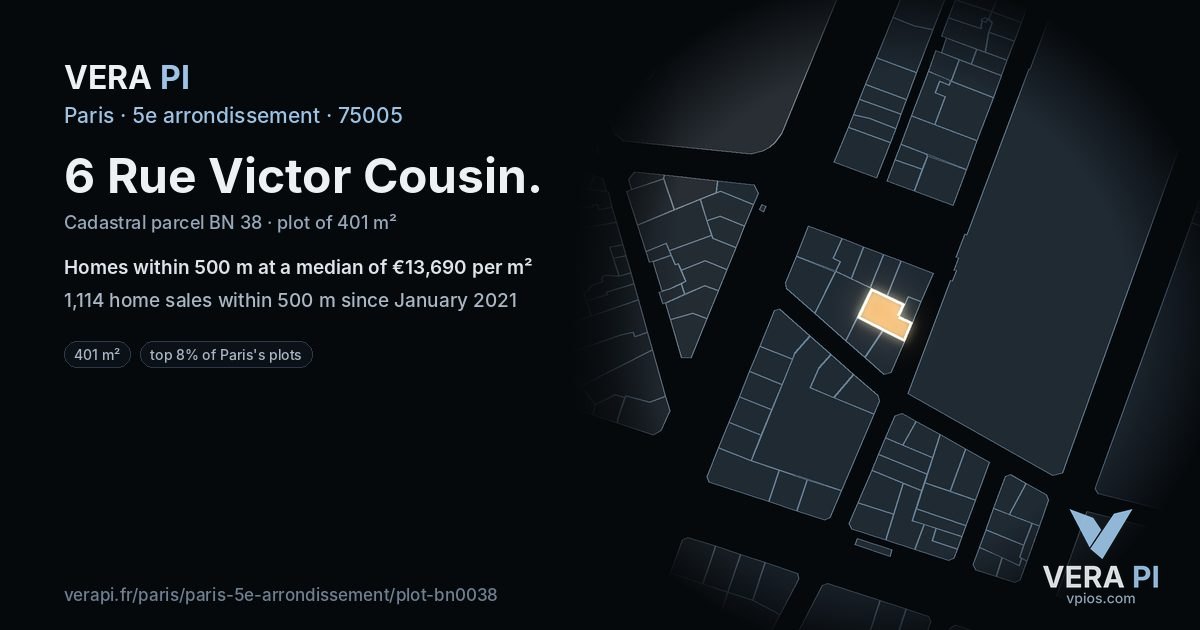 6 Rue Victor Cousin, 5e arrondissement at night – the plot lit, the parcels around coloured by the prices near them