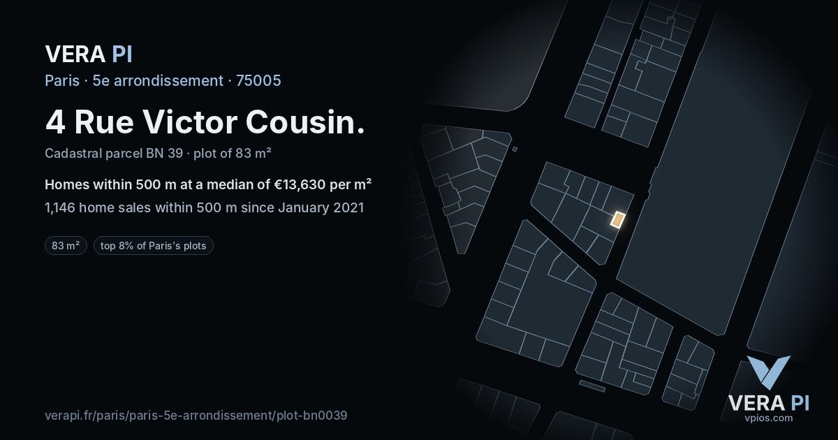 4 Rue Victor Cousin, 5e arrondissement at night – the plot lit, the parcels around coloured by the prices near them