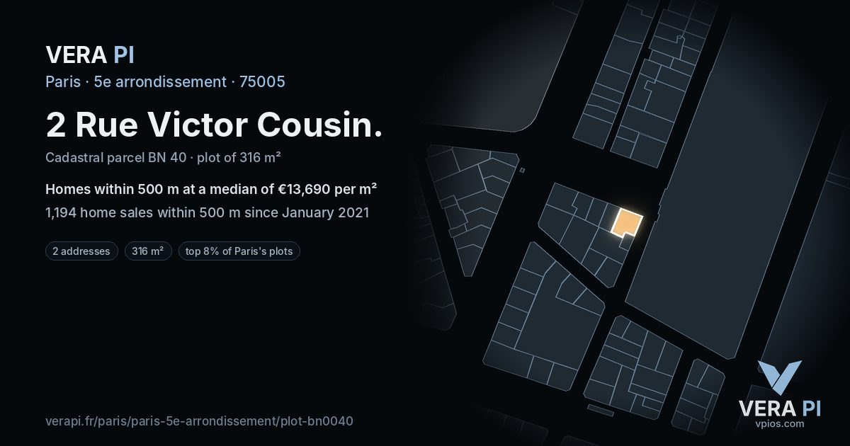 2 Rue Victor Cousin, 5e arrondissement at night – the plot lit, the parcels around coloured by the prices near them