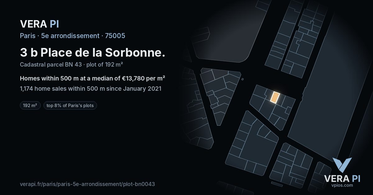 3 b Place de la Sorbonne, 5e arrondissement at night – the plot lit, the parcels around coloured by the prices near them