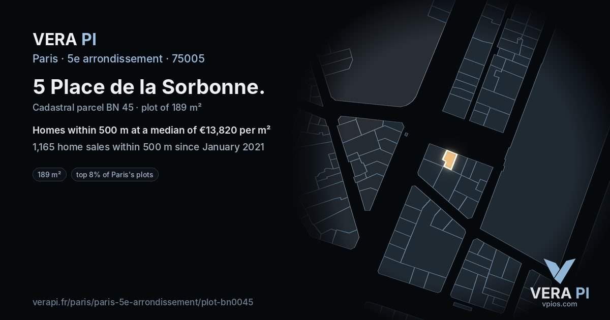 5 Place de la Sorbonne, 5e arrondissement at night – the plot lit, the parcels around coloured by the prices near them