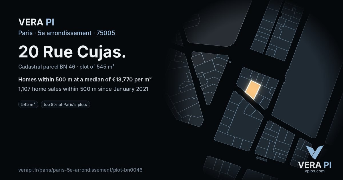 20 Rue Cujas, 5e arrondissement at night – the plot lit, the parcels around coloured by the prices near them