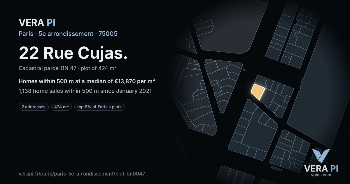 22 Rue Cujas, 5e arrondissement at night – the plot lit, the parcels around coloured by the prices near them