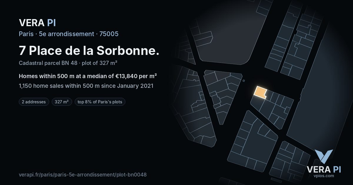 7 Place de la Sorbonne, 5e arrondissement at night – the plot lit, the parcels around coloured by the prices near them