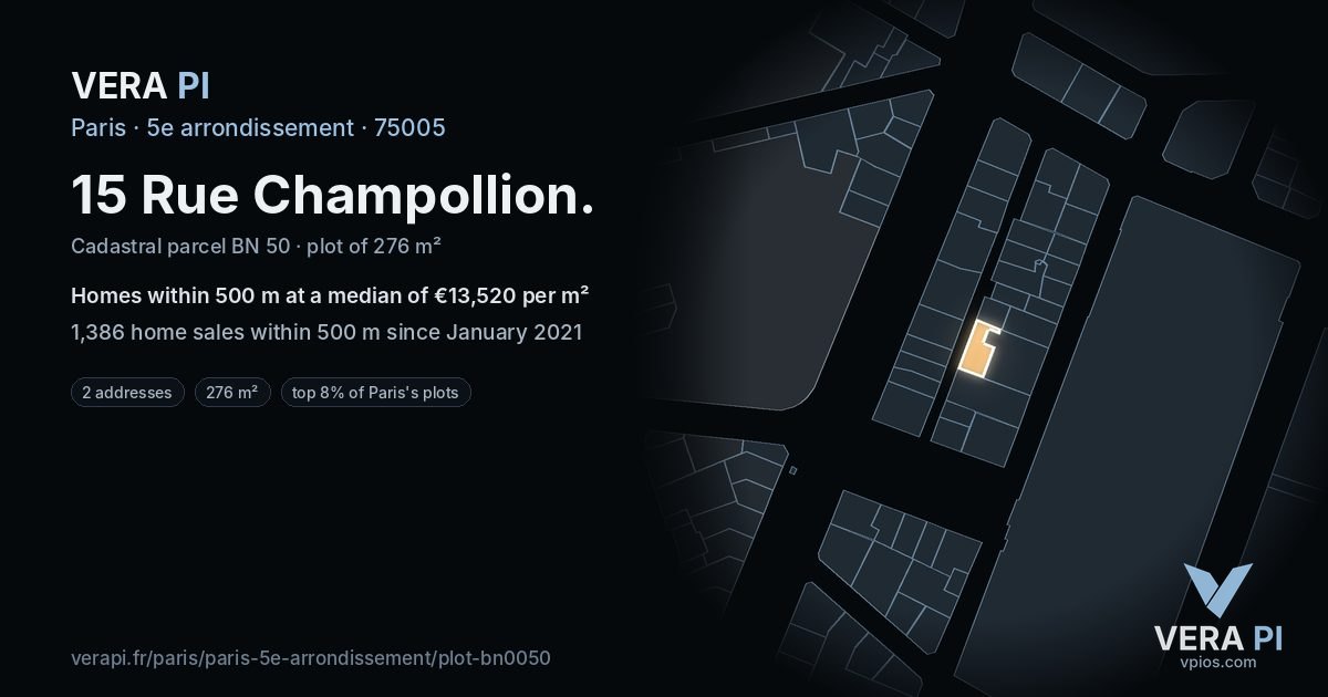 15 Rue Champollion, 5e arrondissement at night – the plot lit, the parcels around coloured by the prices near them