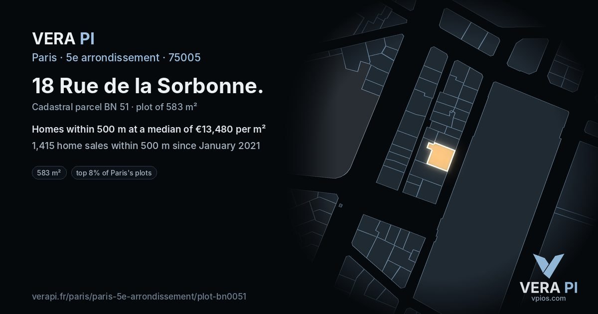 18 Rue de la Sorbonne, 5e arrondissement at night – the plot lit, the parcels around coloured by the prices near them