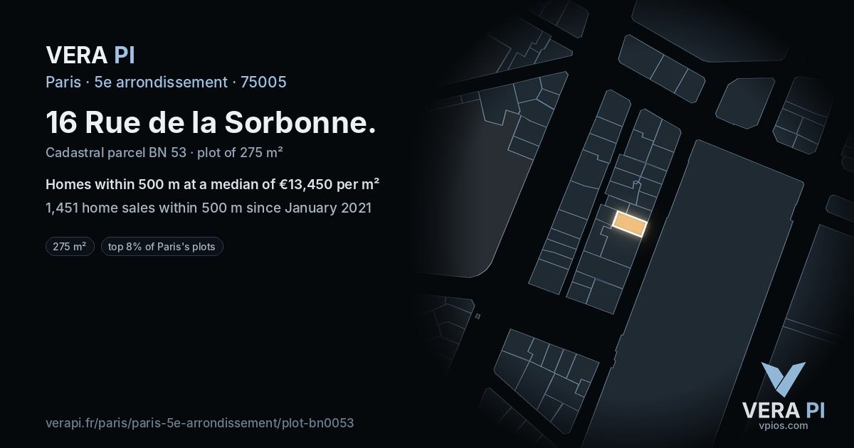 16 Rue de la Sorbonne, 5e arrondissement at night – the plot lit, the parcels around coloured by the prices near them