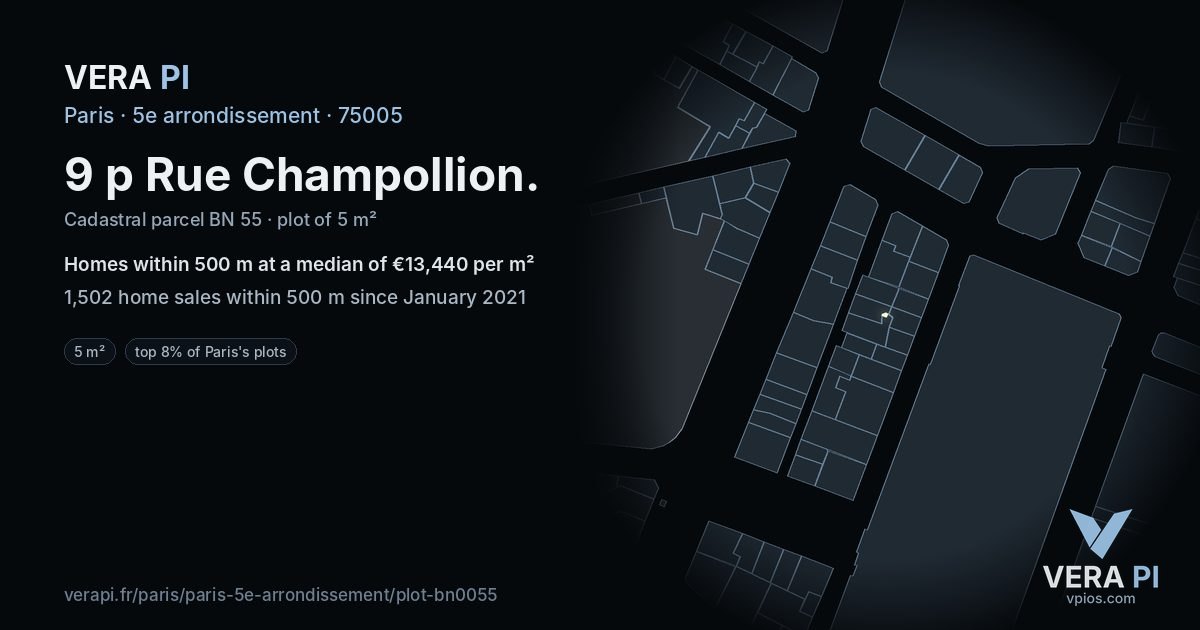 9 p Rue Champollion, 5e arrondissement at night – the plot lit, the parcels around coloured by the prices near them