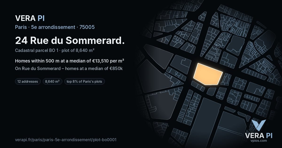 24 Rue du Sommerard, 5e arrondissement at night – the plot lit, the parcels around coloured by the prices near them
