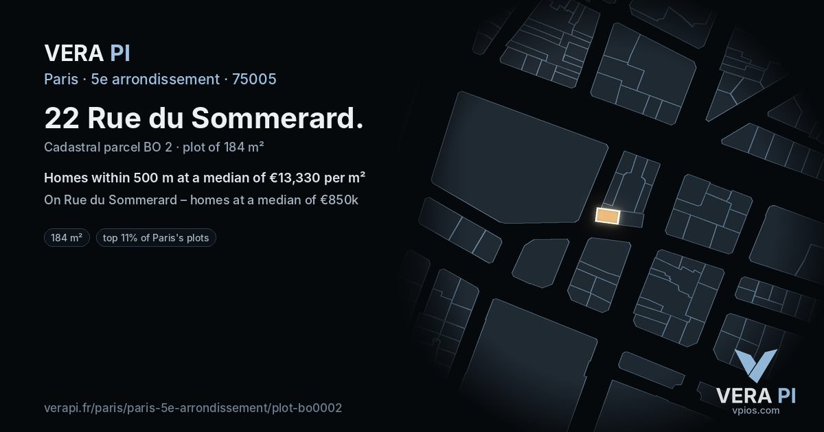 22 Rue du Sommerard, 5e arrondissement at night – the plot lit, the parcels around coloured by the prices near them